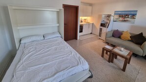 A bedroom with a bed, a sofa, a small table, a kitchen area, and a door.