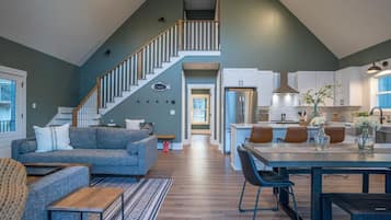 Smart TV, fireplace, books