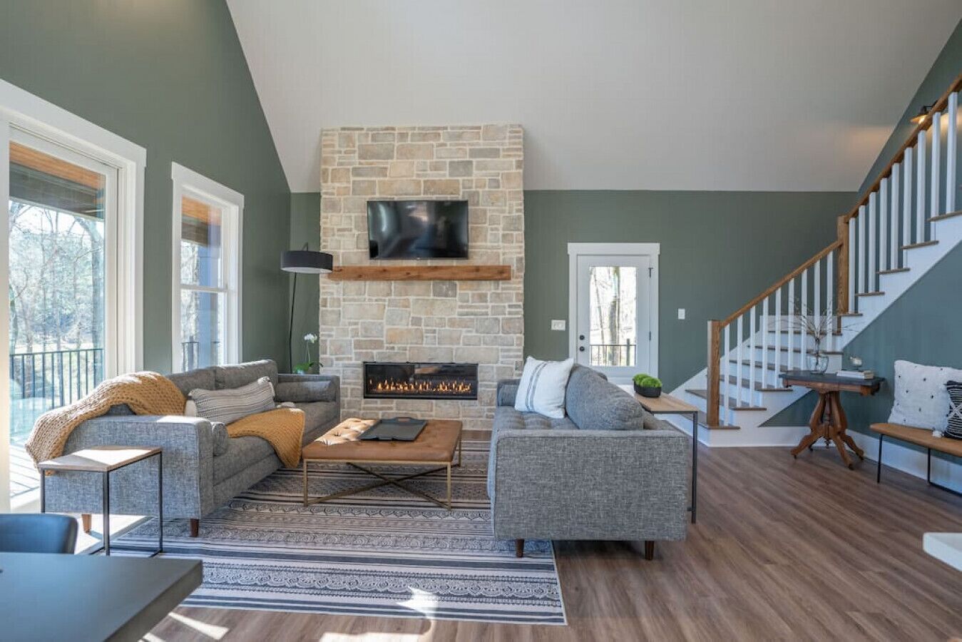 Smart TV, fireplace, books