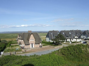 Een rij huizen met een gebouw met rieten dak en moderne huizen, tegen een kustdecor.'