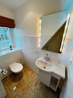 A bathroom with a toilet, sink, and mirror. - "Carpe Diem" RH/2D Vacation Home - Reethüs am Watt "Carpe Diem" (Sylt)