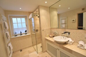 Shower, hair dryer, towels