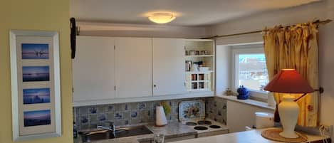 Fridge, microwave, stovetop, coffee/tea maker