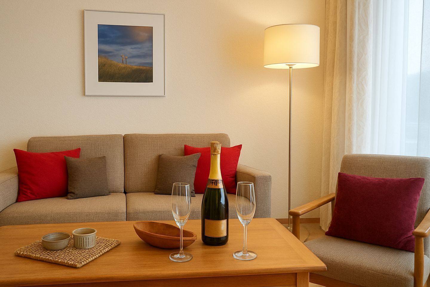 Een gezellige kamer met een bank, een houten tafel met champagne en glazen, en een vloerlamp.