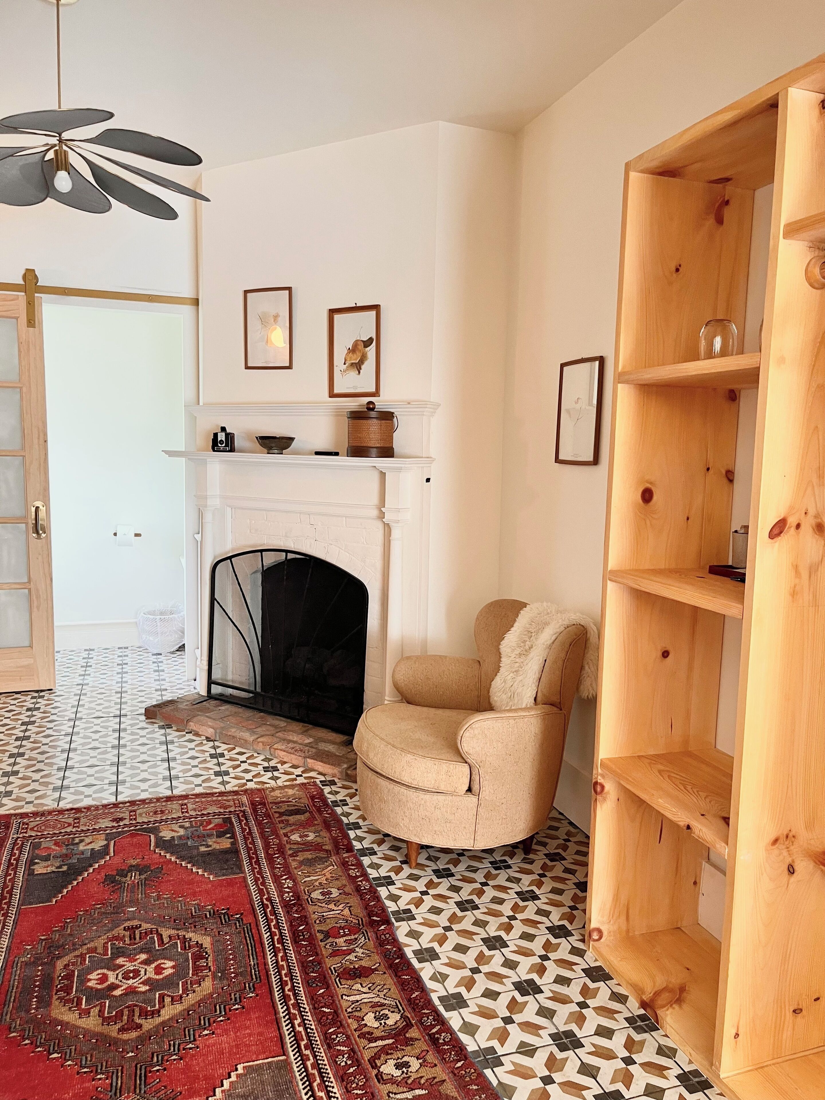A living room with a fireplace, a wooden bookshelf, a patterned rug, and a door leading outside.