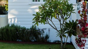A white house with a dark roof, a small window, and a garden with a tree and a vine. - Luxe Historic River Port Stay - Pay 2, Stay 3* (Morpeth)