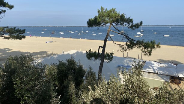 Uma praia com vista clara para o mar, vários barcos e algumas pessoas.