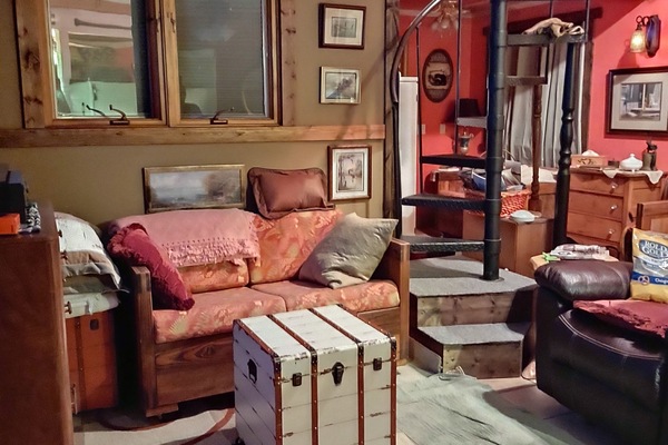 Smart TV, caminetto, lettore DVD, libri