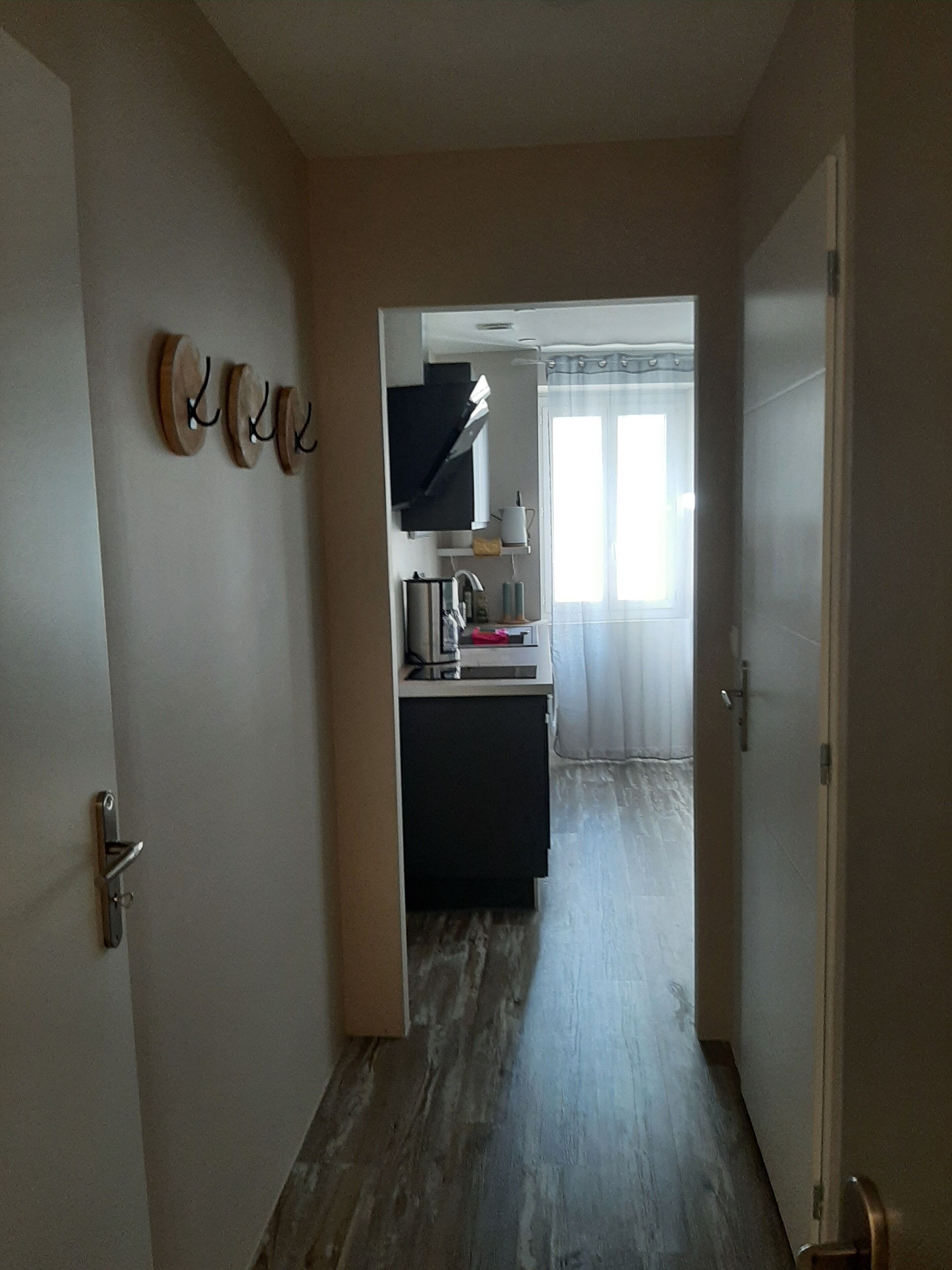 A hallway leading to a kitchen area with a microwave, kettle, and a small table. There are wooden wall decorations and a door on the left.