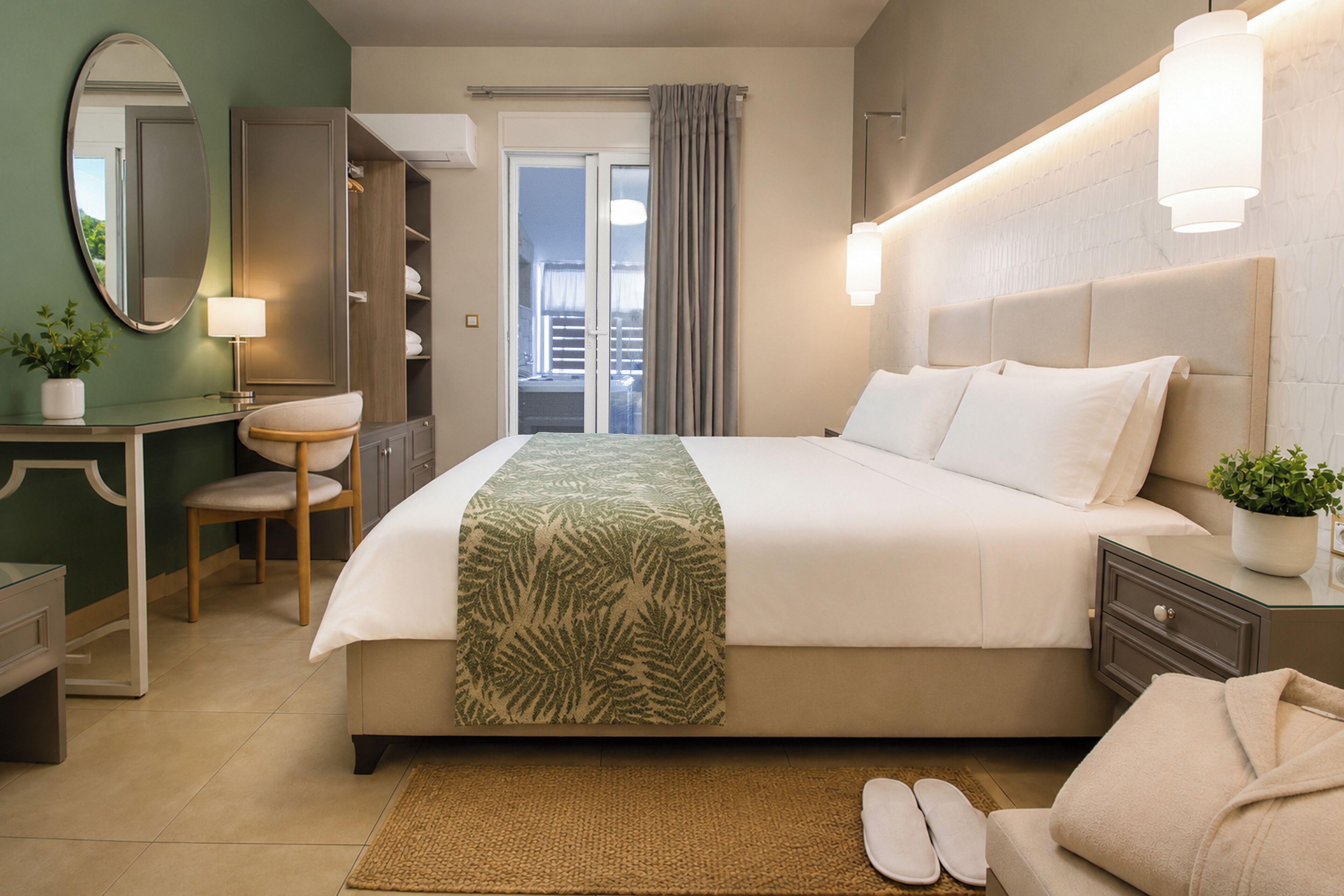 Ein Hotelzimmer mit Bett, Nachttisch, Lampe, Stuhl und Blick ins Freie.