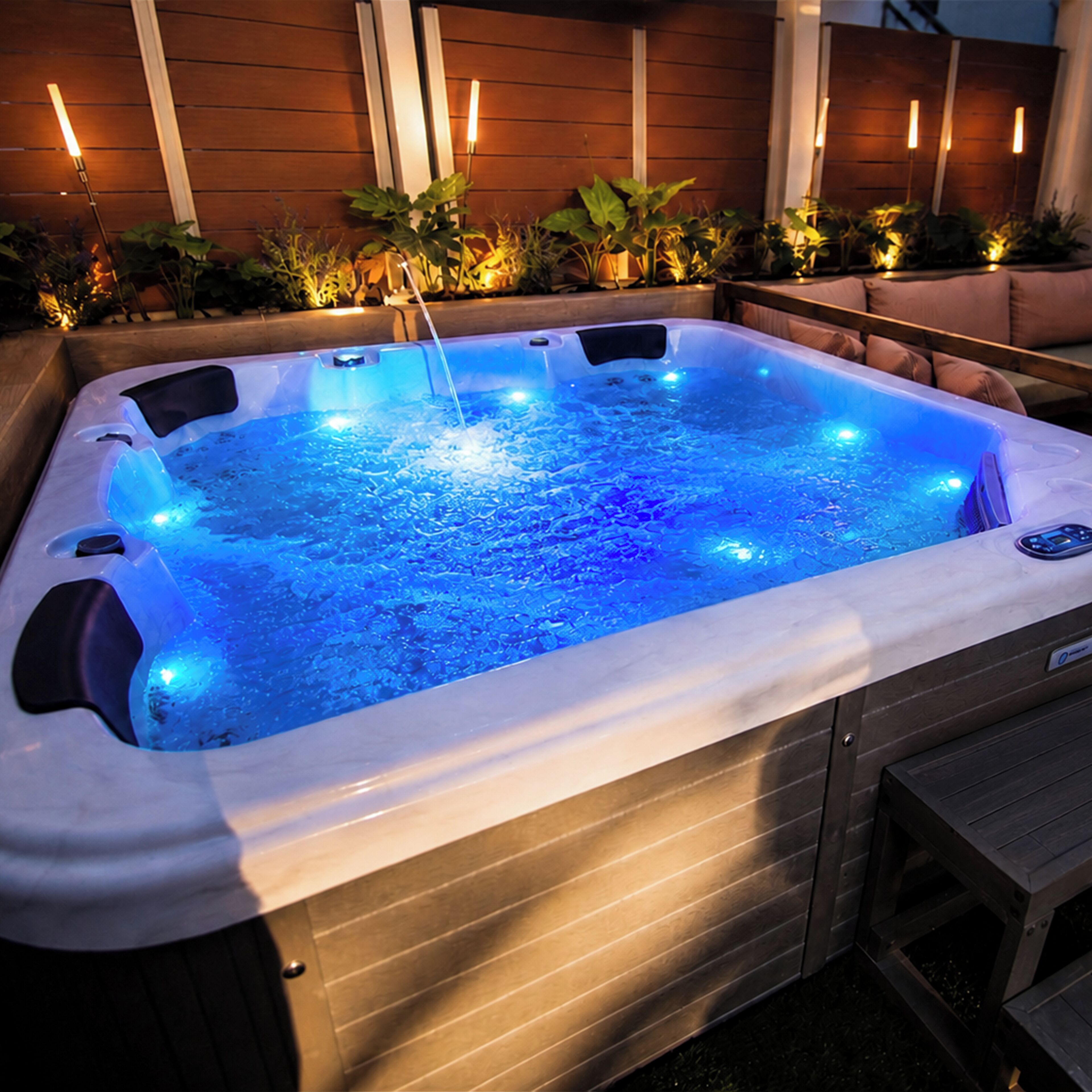 A hot tub with blue LED lights, surrounded by plants and a wooden deck.