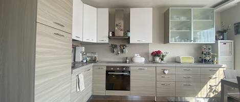 A modern kitchen with light wood cabinetry, a built-in oven, and a stainless steel sink.