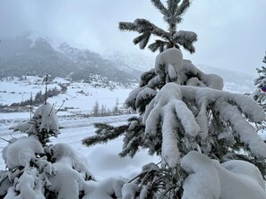 Paisagem coberta de neve, com árvores e montanhas ao fundo.