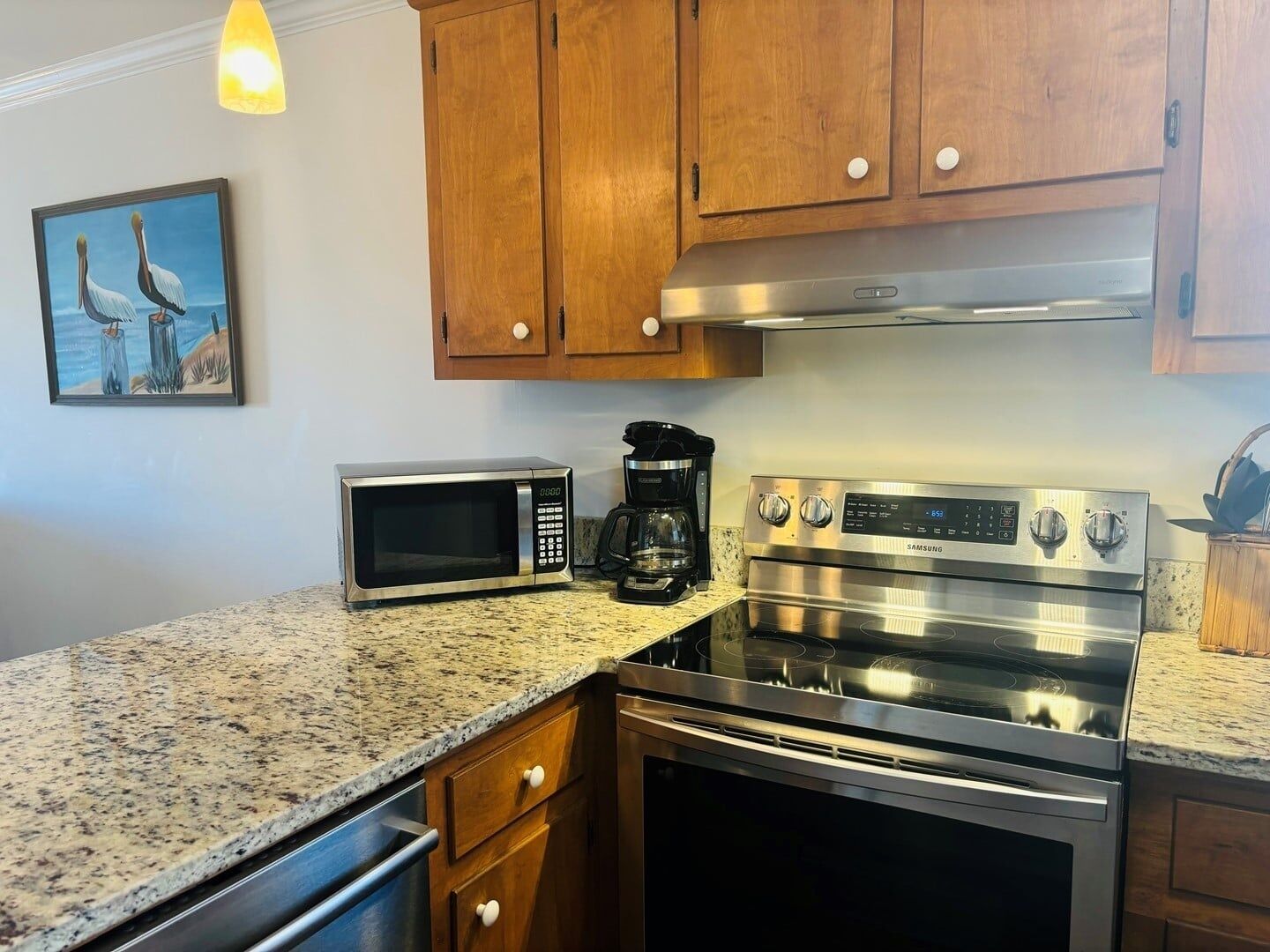Een keuken met een roestvrijstalen fornuis, een magnetron en een koffiezetapparaat.