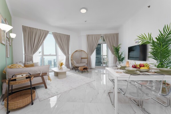 Comfort Apartment | Living area - Marco Polo - Stylish & Spacious 2 BR with Marina + City Views (Dubai)