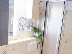 Dusche, Haartrockner, Handtücher, Seife