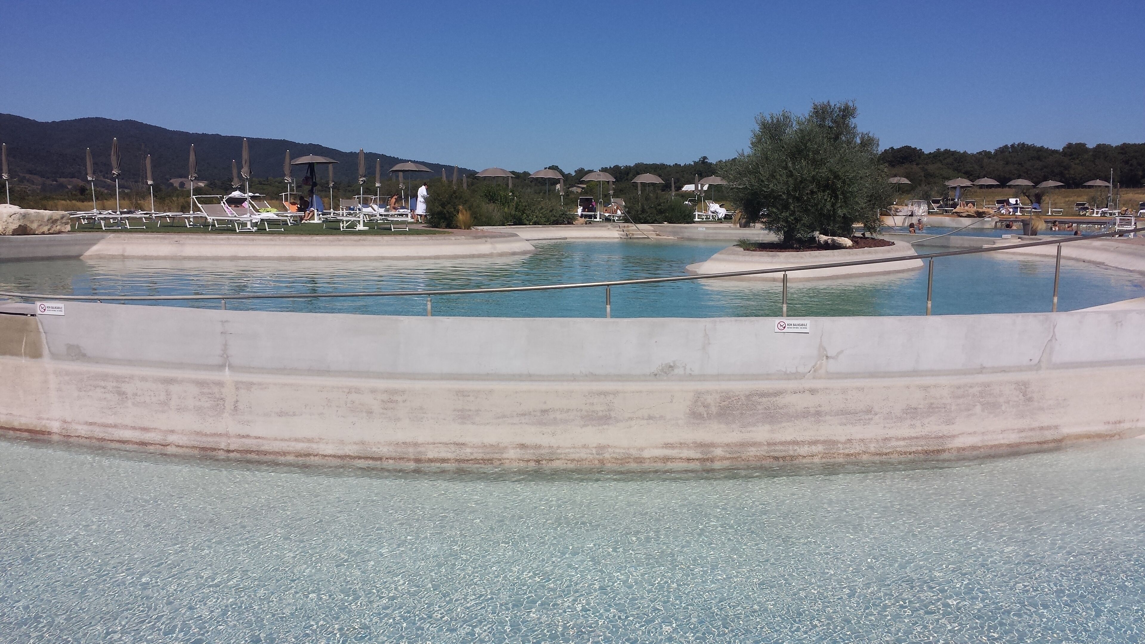 A swimming pool with a concrete barrier, lounge chairs, and umbrellas.