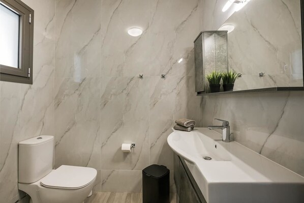 Une salle de bain moderne avec des toilettes, un lavabo et un miroir.