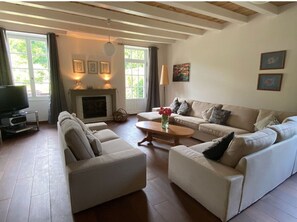 TV connectée, cheminée, lecteur de DVD, table de tennis de table