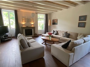 TV connectée, cheminée, lecteur de DVD, table de tennis de table