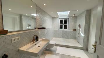 Shower, hair dryer, towels, soap