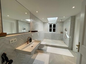 Ducha, secador de pelo, toallas, jabón