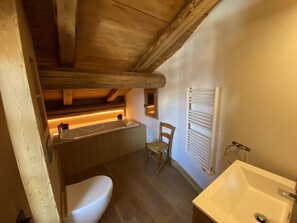 Bathtub, hair dryer, towels, toilet paper - Refined, cozy chalet, terrace with exceptional views of Mont Blanc. (Combloux)