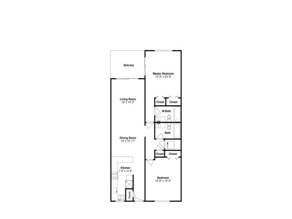 Plànol d'una habitació d'hotel amb balcó, dormitori principal, saló, menjador, cuina i dos banys.
