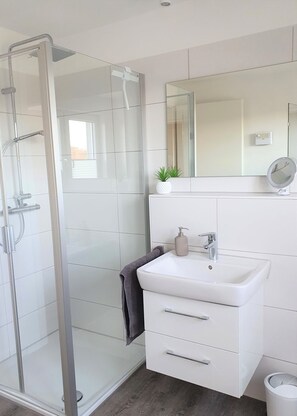 Shower, hair dryer, towels