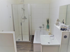 Shower, hair dryer, towels