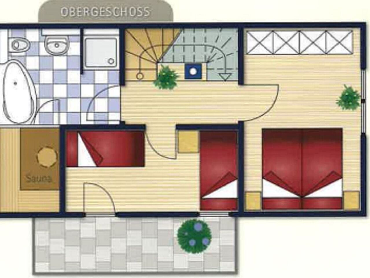 Planimetria di un albergo con sauna, due camere da letto, un bagno e un piccolo spazio esterno.