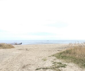 A sandy beach with a wooden fence and sparse vegetation. - 47.6.S Dwarslöper - Family-friendly apartment with far-reaching views, 2 bathrooms, (Wangerland)