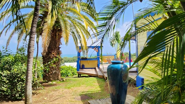 A garden with palm trees, a wooden deck, and a large blue vase.