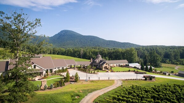 A large estate with multiple buildings, including a main house and guest cottages, surrounded by lush greenery and a mountain in the background. - Beautiful Renovations, Hot Tub, Huge King Beds, Amenity Packed  (Cleveland)