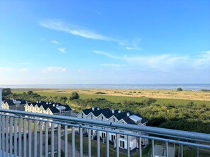 A residential area with houses and a view of the sea.