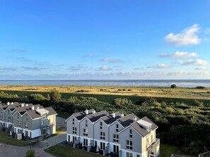 A residential area with modern houses, a grassy field, and a view of the sea.