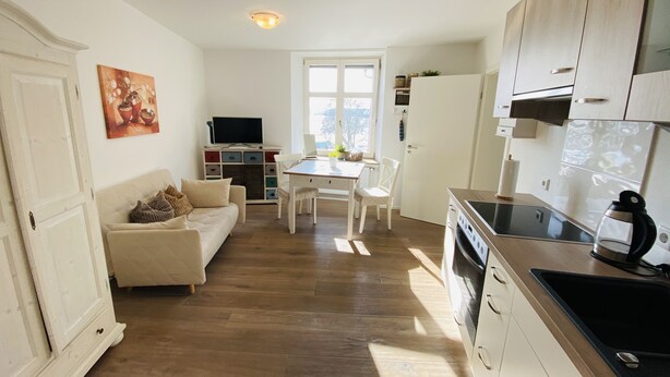 A compact living space with a kitchenette, a dining area, and a sofa.
