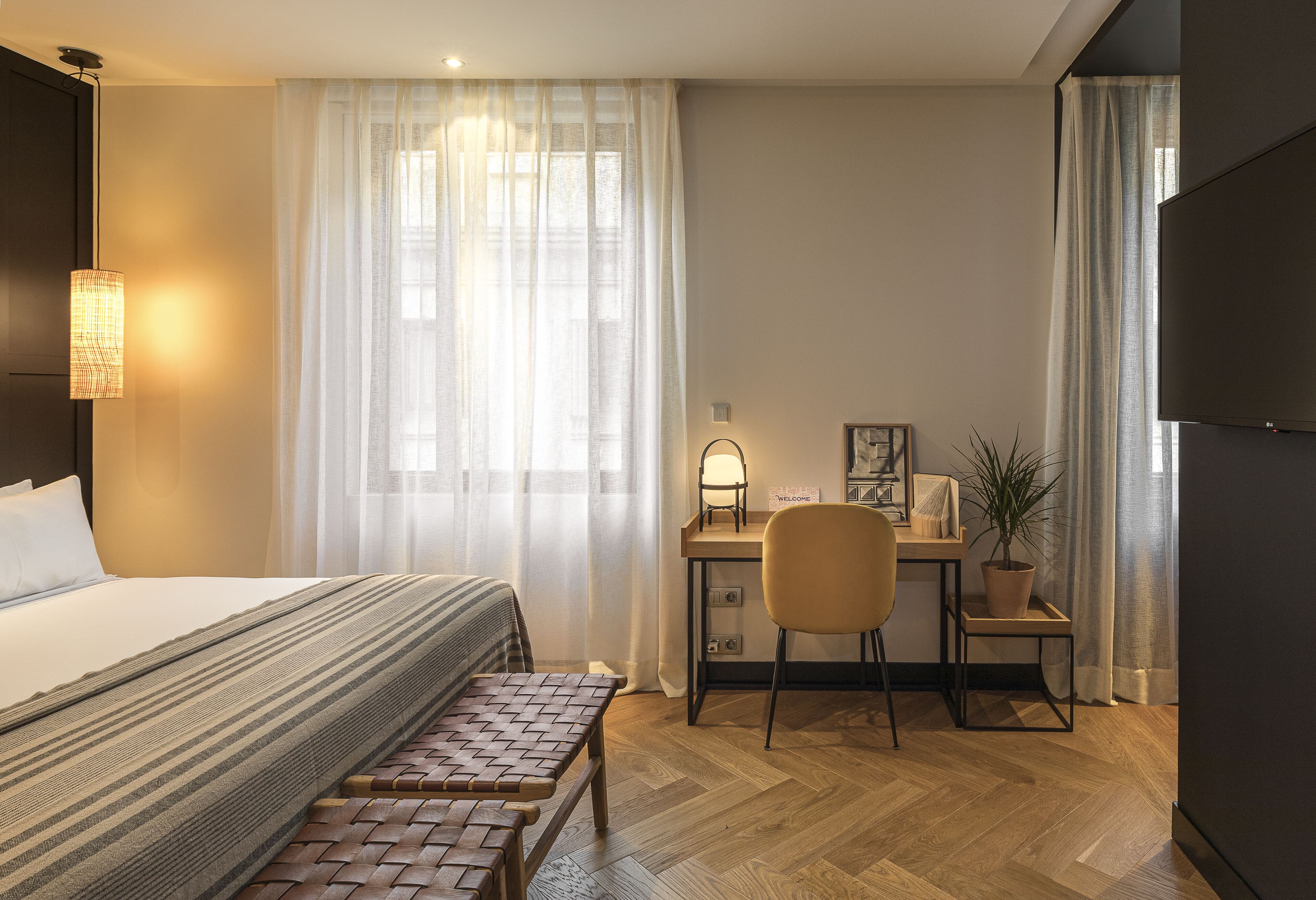 Habitación de hotel con cama, escritorio con silla, lámpara, planta en maceta y televisor.