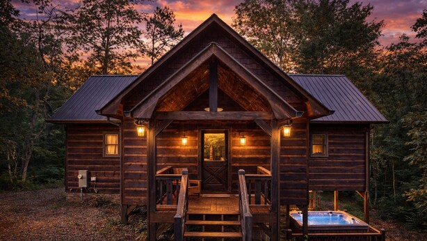 Eine rustikale Holzhütte mit Veranda, Whirlpool und Holzfassade.