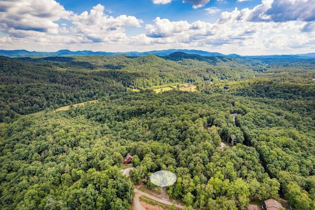 Vista aérea de uma área arborizada com uma casa pequena rodeada por árvores densas e um caminho sinuoso.