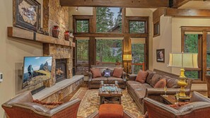 Smart TV, fireplace, foosball