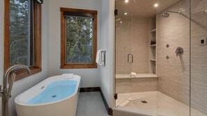 Hair dryer, towels, soap, shampoo