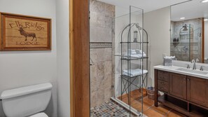 Hair dryer, towels, soap, shampoo