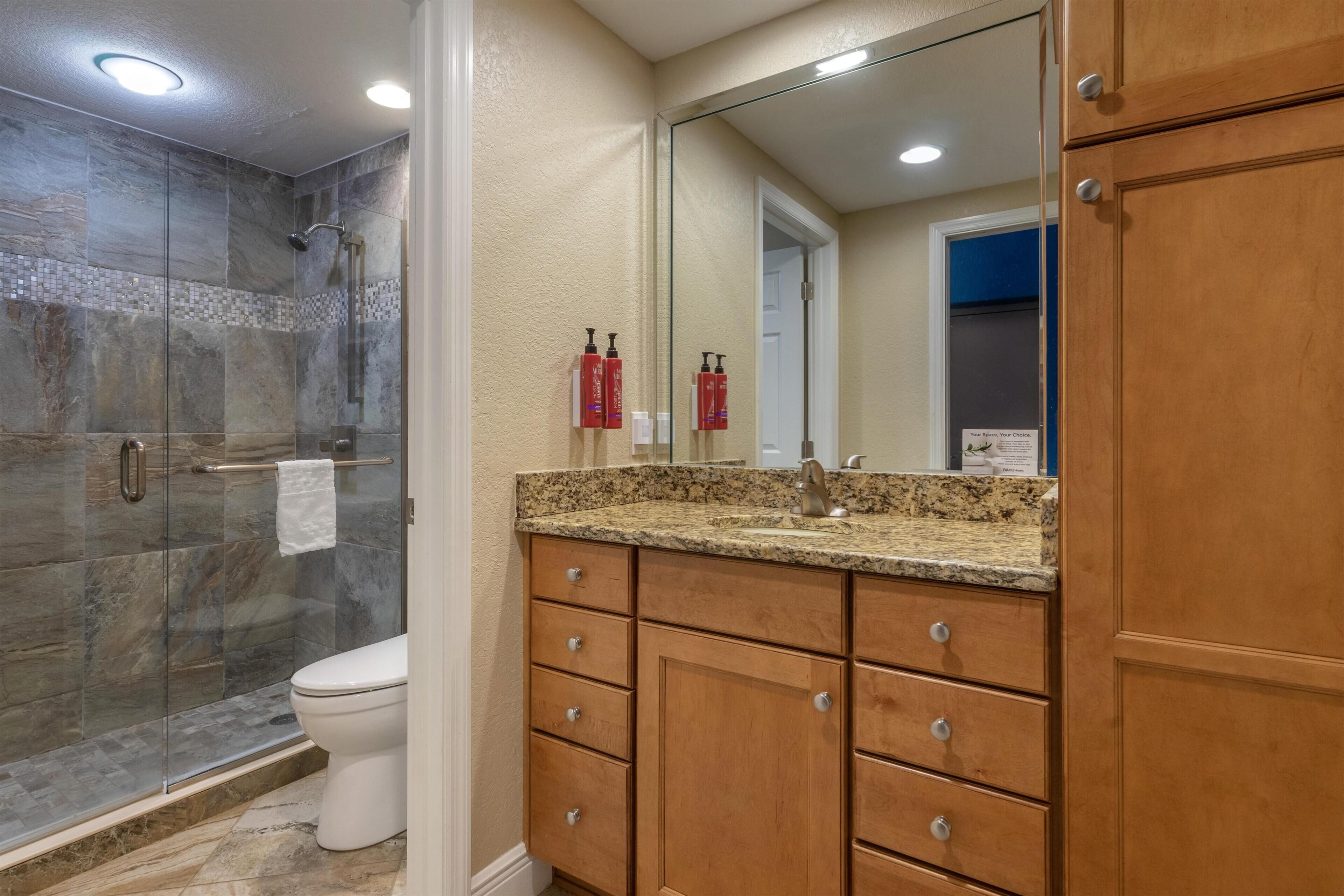 A bathroom with a shower, toilet, vanity with drawers, and a large mirror.