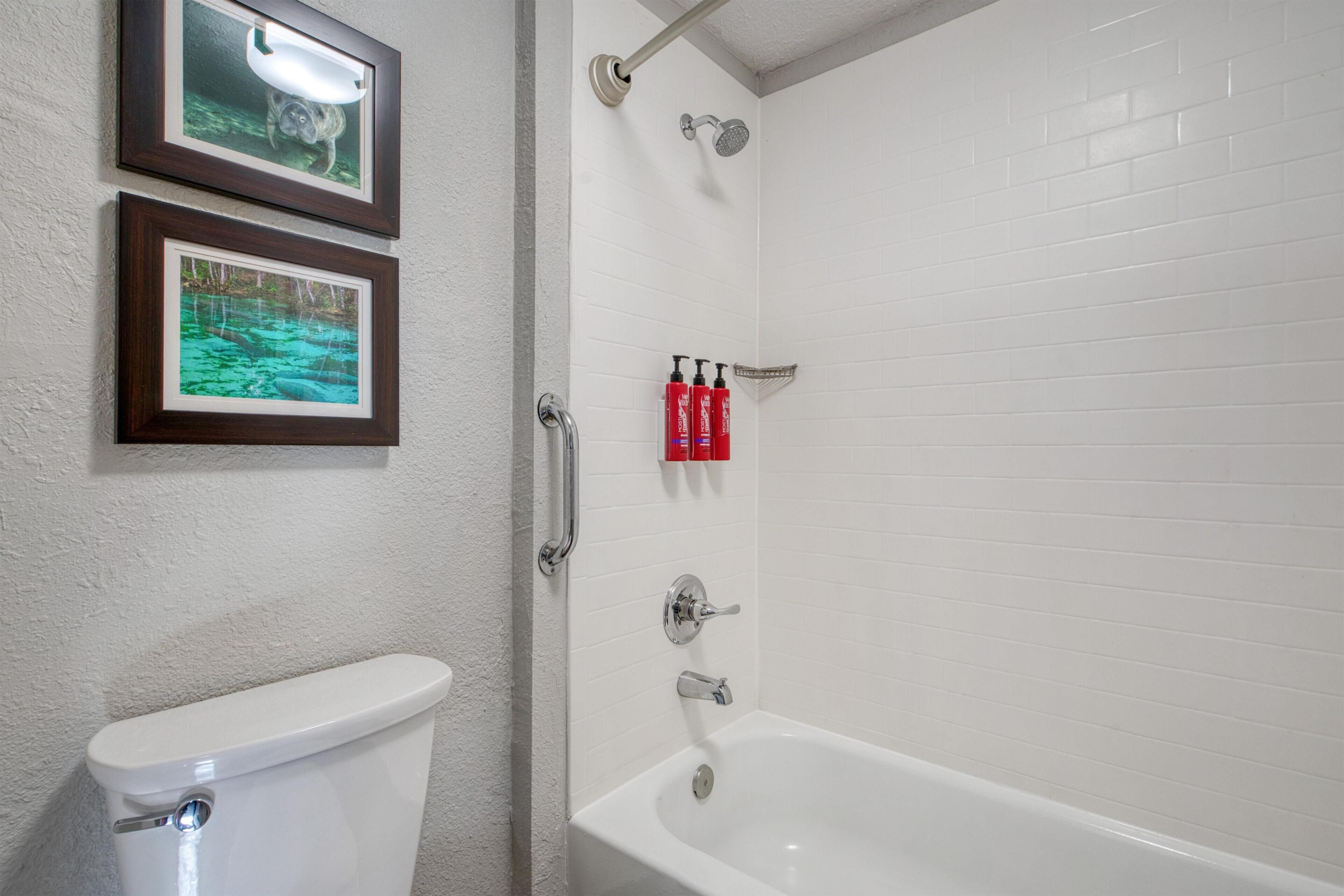 A bathroom with a toilet, a bathtub, and two framed pictures on the wall.