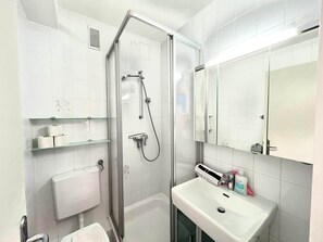 Shower, hair dryer, towels