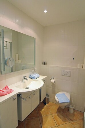 Shower, hair dryer, towels