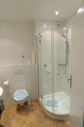 Ein Badezimmer mit Duschkabine, Toilette und Waschbecken.