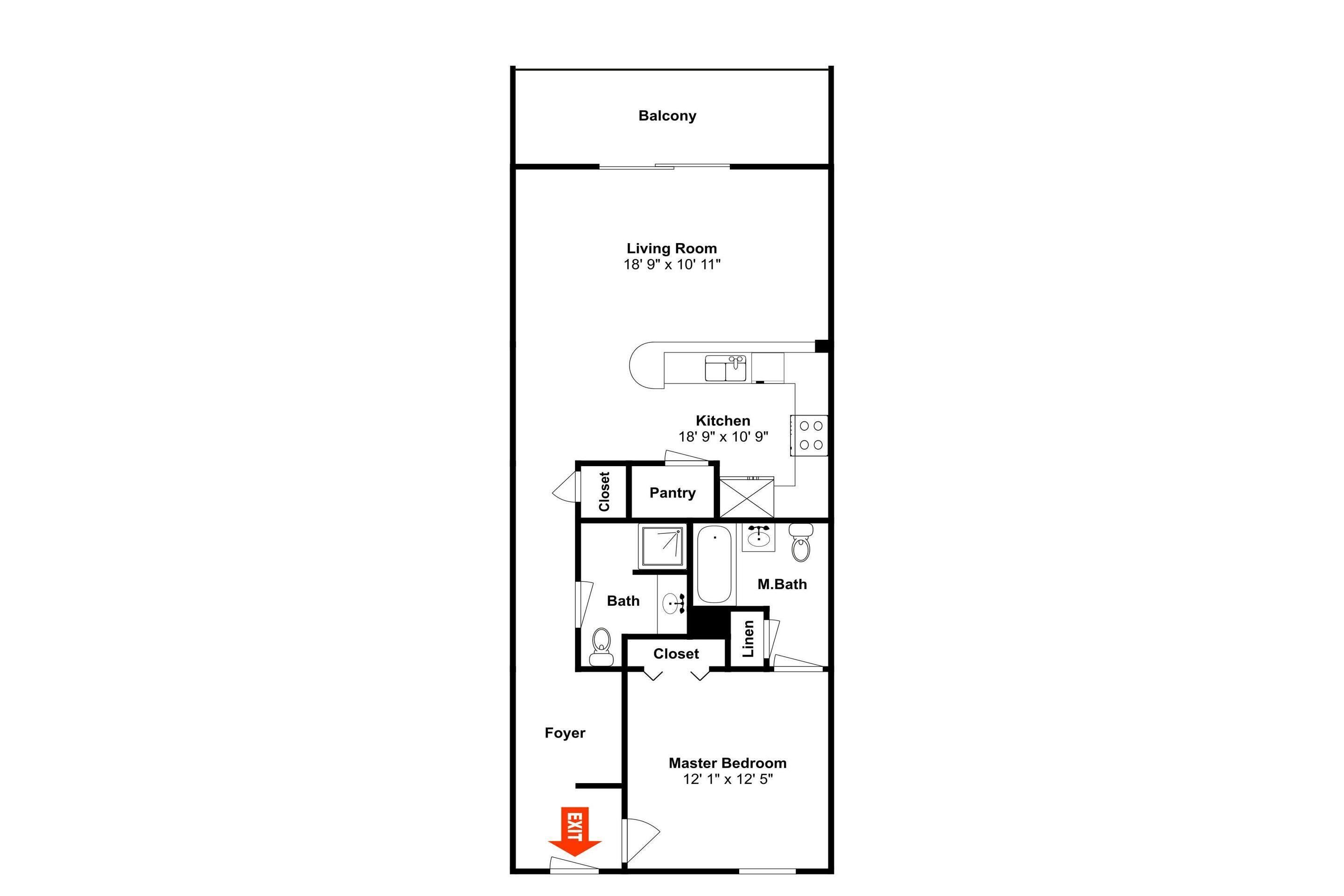 A floor plan of a studio apartment with a balcony, living room, kitchen, master bedroom, foyer, and bathroom.