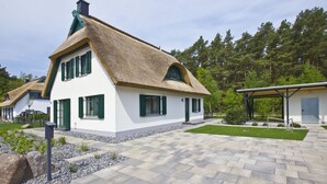 A traditional house with a thatched roof, white walls, and green shutters, surrounded by a well-maintained garden and a paved walkway. - Ferienhaus Seehund - House in a great location with garden, terrace and private sauna (Glowe)